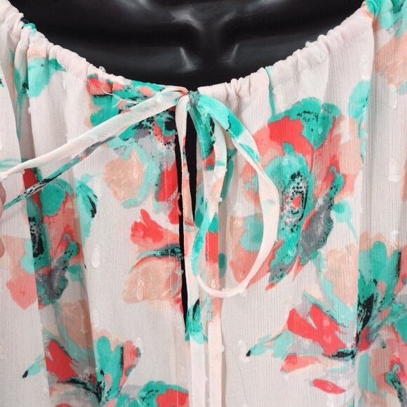 Kaari Blue Sz L Multi Pink Floral Santorini 3/4 Sleeve Ruffle Front Tie Top Lace - Picture 9 of 13